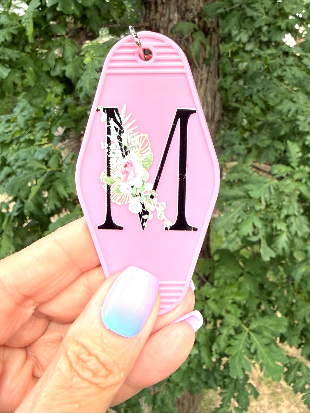 Vintage style motel key 3.5” keychain floral pink initial M gift idea
